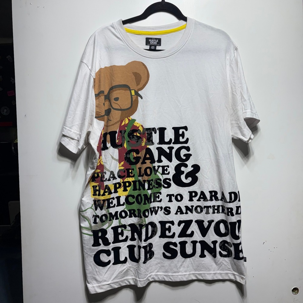 Hustle Gang Mens 2X White Graphic T-Shirt Peace Love Happiness Bear Streetwear